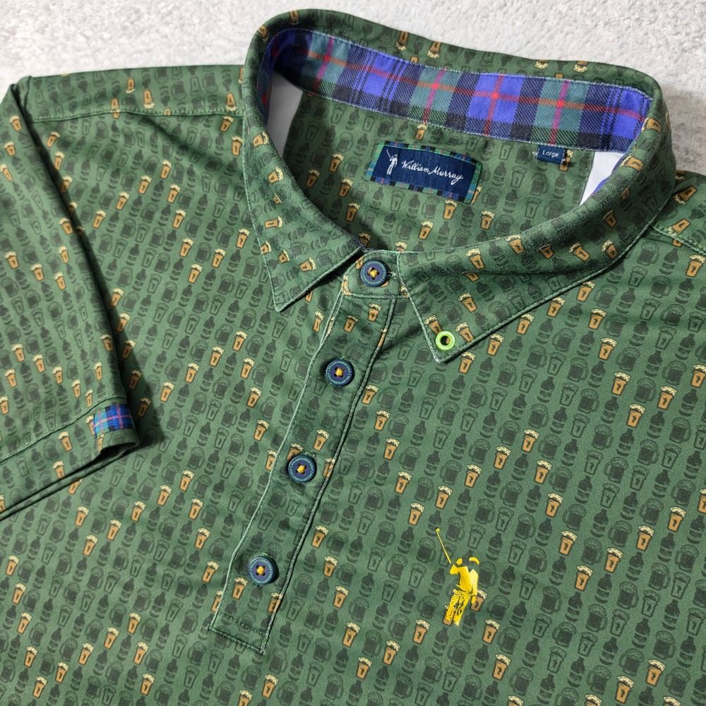 William Murray Golf Polo Mens L Green Beer Print Stretch Short Sleeve